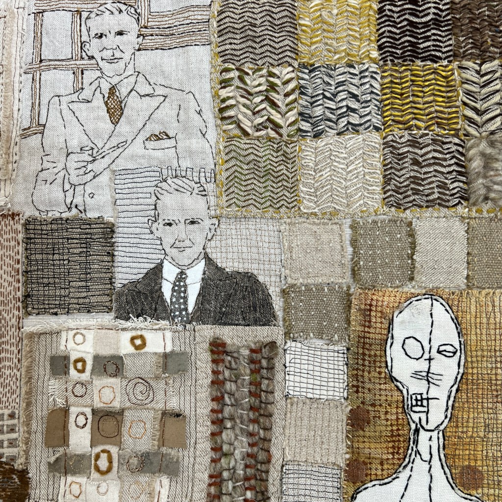 Detail of 'Coalescence showing free machine stitching, block printing, couching,, 'mock' herringbone, and back stitch.