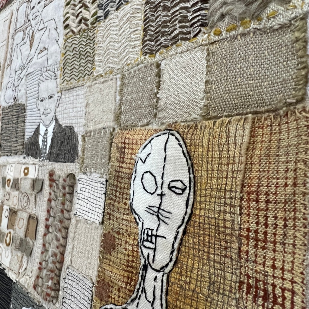 Detail of 'Coalescence' showing block printing, and appliqué made as a study for my work 'From Grimsby to Greenpoint' made in 2018.