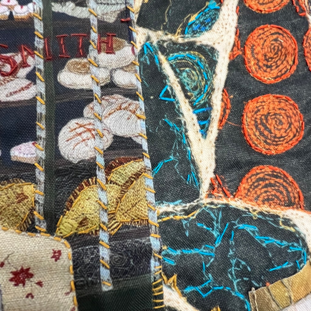 Detail of 'Integrated' my work for the 62 group exhibition 'Making as Learning' at Salts Mill , Bradford, Uk in 2024. Digital print with additional hand and machine stitching.
