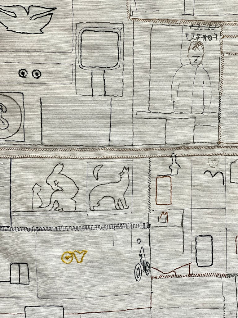 Detail of the back of 'Integrated' my work for the 62 group exhibition 'Making as Learning' at Salts Mill , Bradford, Uk in 2024. Digital print with additional hand and machine stitching. This work is suspended so both sides can be viewed.