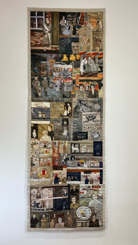 'Integrated' is a double sided hanging made for the 62 group exhibition at Salts Mill, Bradford in 2024. It consists of digital prints of work I have exhibited during my time as a member of the 62 Group of Textile Artists.