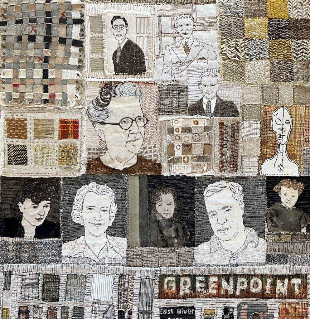 Detail of 'Coalescence showing small portraits made as teaching samples, strip weaving. hand and machine stitch and acrylic painting.