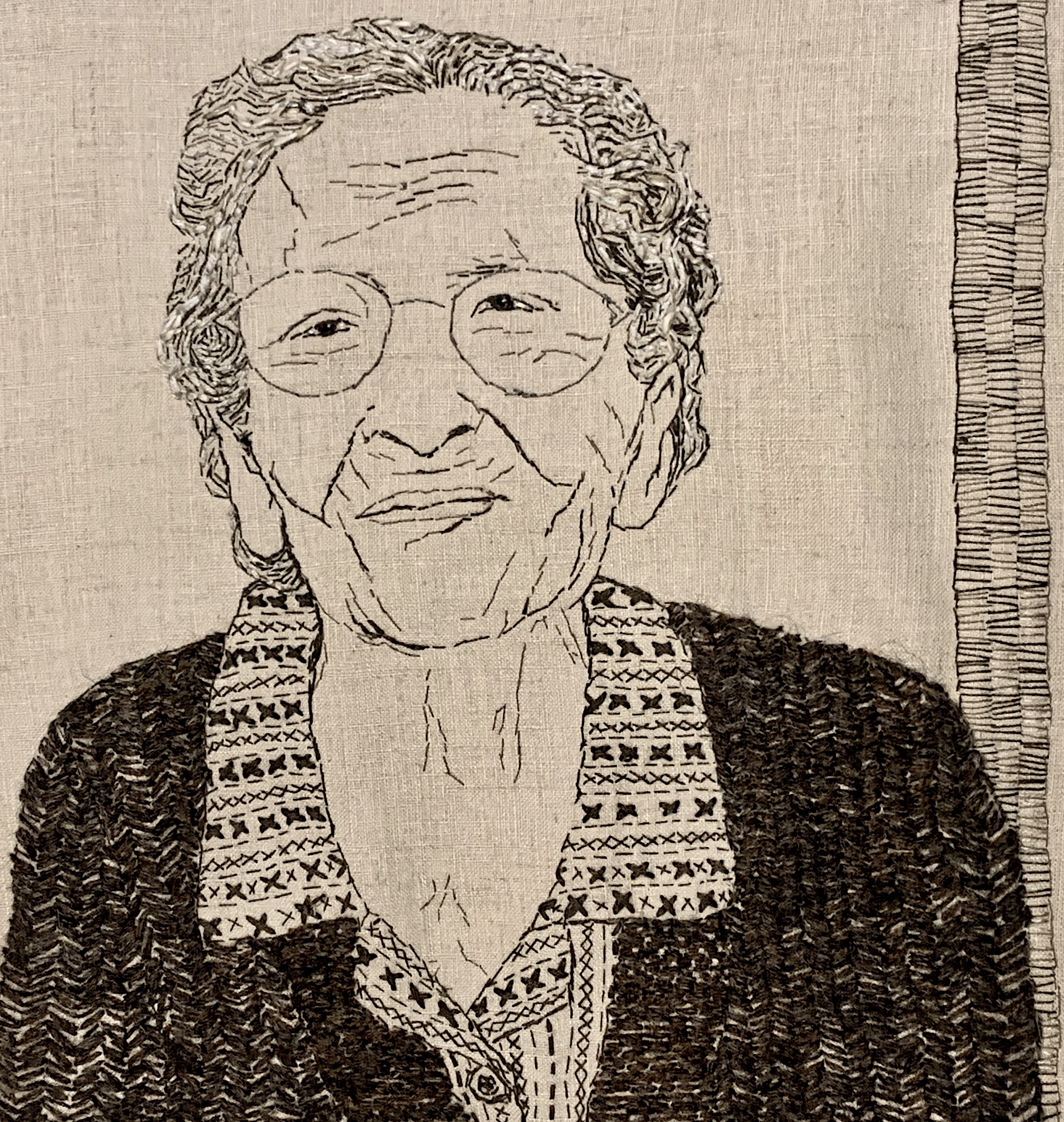 Hand stitch portrait of an older lady
