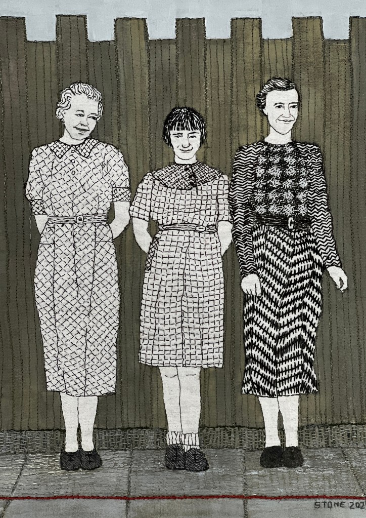 3 Girls and a Fence. mixed media portrait of the artist's mother-in-law