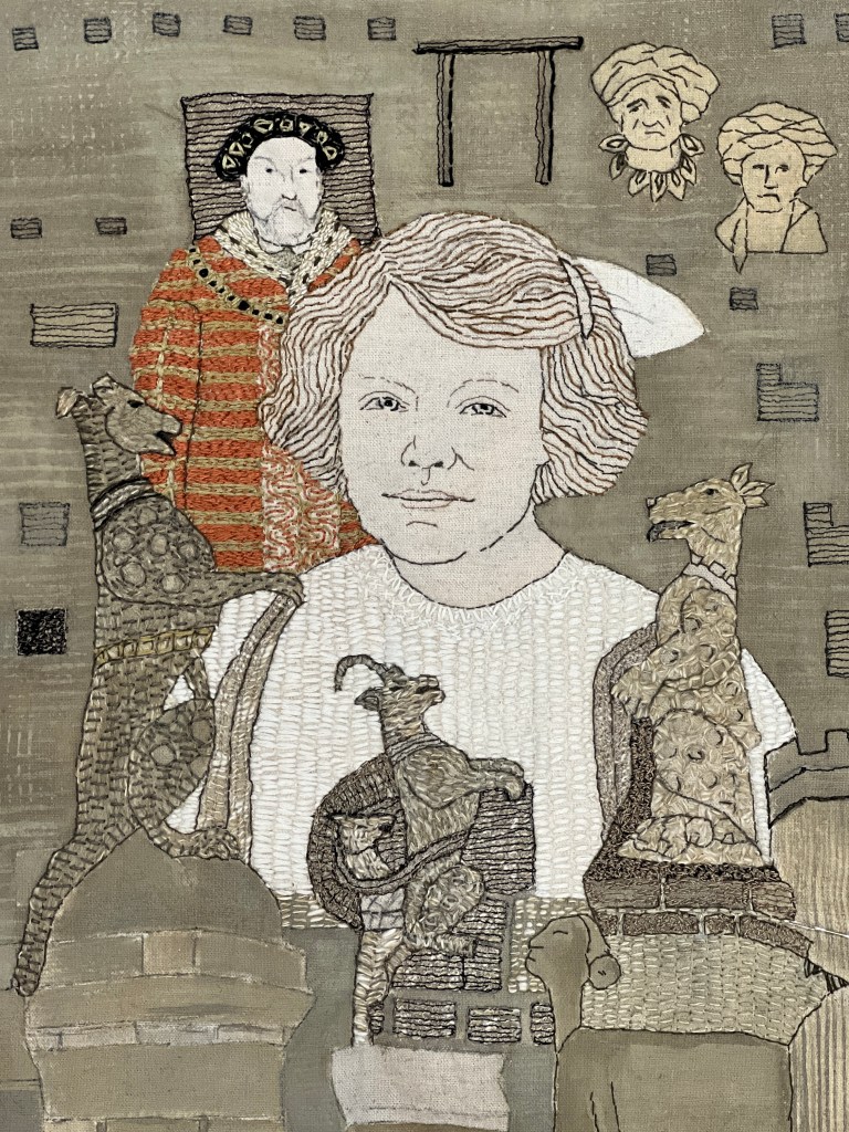 Portrait of the artist's Mum as a girl surrounded by imagery from Hampton Court Palace